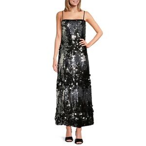NWT Le' AL.X Mixed Sequin Square Neck Spaghetti Strap Column Maxi Dress Sz M